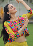 Parrot Green Gamthi Work Silk Lehenga Choli And Koti For Navratri