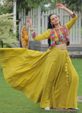 Parrot Green Gamthi Work Silk Lehenga Choli And Koti For Navratri