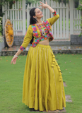 Parrot Green Gamthi Work Silk Lehenga Choli And Koti For Navratri