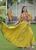 Parrot Green Gamthi Work Silk Lehenga Choli And Koti For Navratri