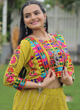Parrot Green Gamthi Work Silk Lehenga Choli And Koti For Navratri