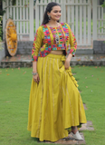Parrot Green Gamthi Work Silk Lehenga Choli And Koti For Navratri