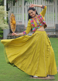 Parrot Green Gamthi Work Silk Lehenga Choli And Koti For Navratri