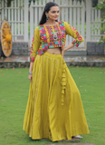 Parrot Green Gamthi Work Silk Lehenga Choli And Koti For Navratri