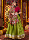Parrot Green Gota Patti Silk Navratri Lehenga With Gamthi Work Choli
