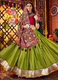 Parrot Green Gota Patti Silk Navratri Lehenga With Gamthi Work Choli