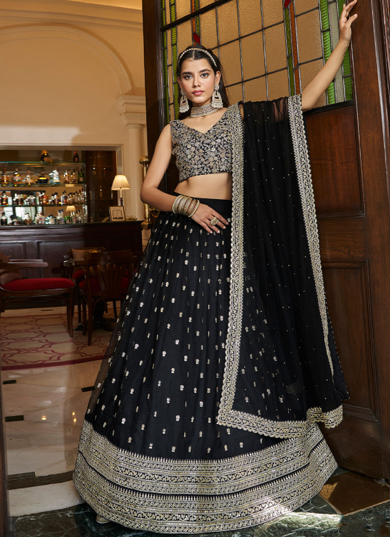 Party Wear Black Zari Embroidered Net Designer Lehenga
