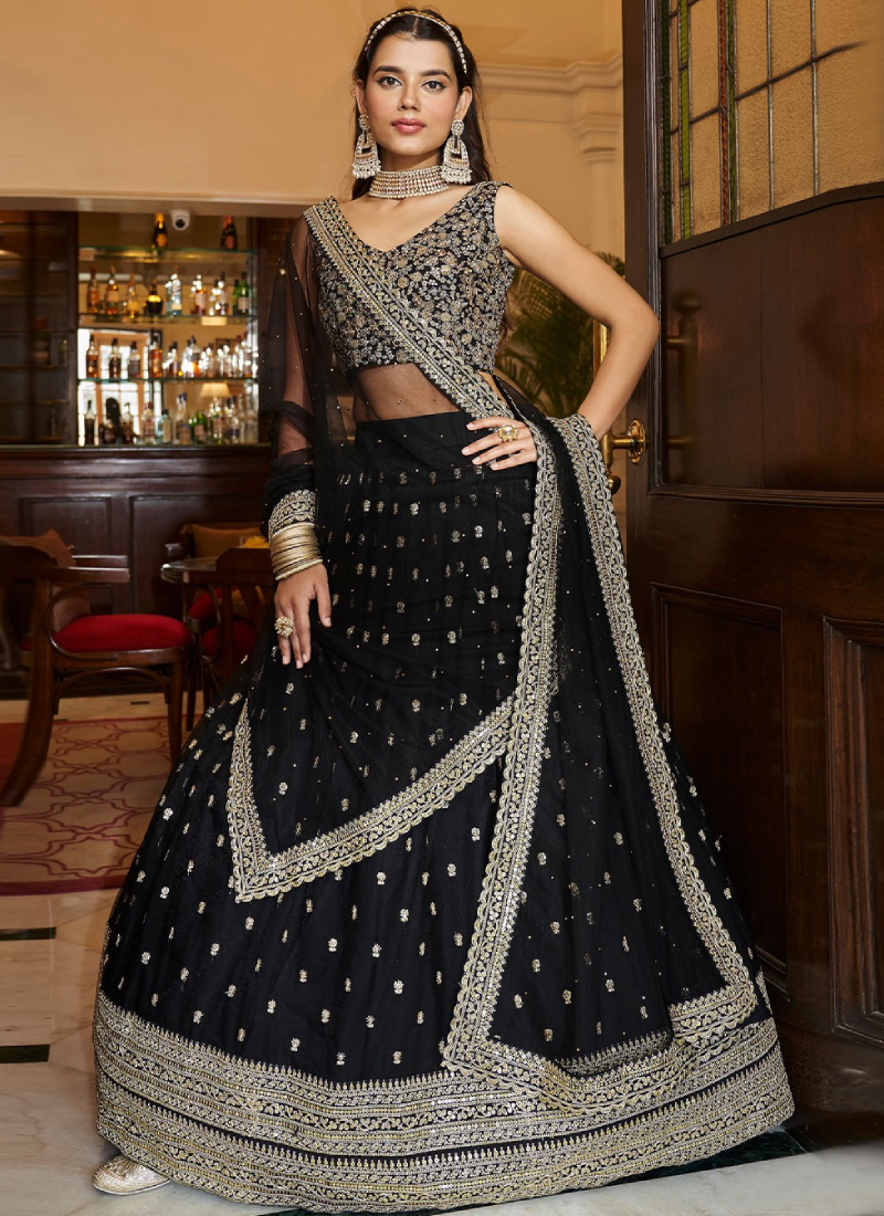 Party Wear Black Zari Embroidered Net Designer Lehenga