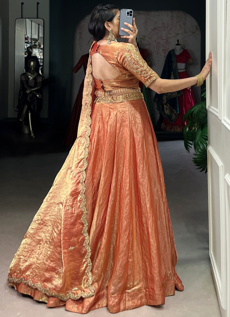 Party Wear Designer Sequence Embroidery Work Organza Orange Lehenga
