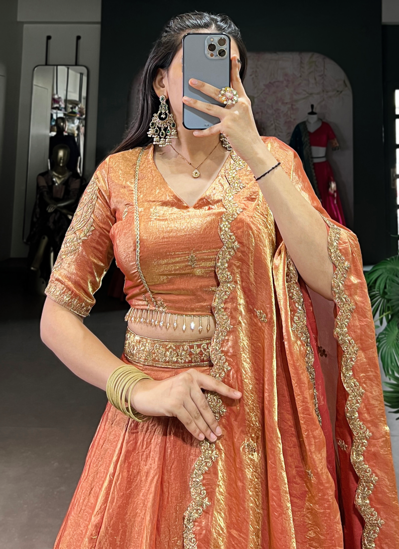Party Wear Designer Sequence Embroidery Work Organza Orange Lehenga