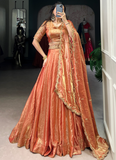 Party Wear Designer Sequence Embroidery Work Organza Orange Lehenga