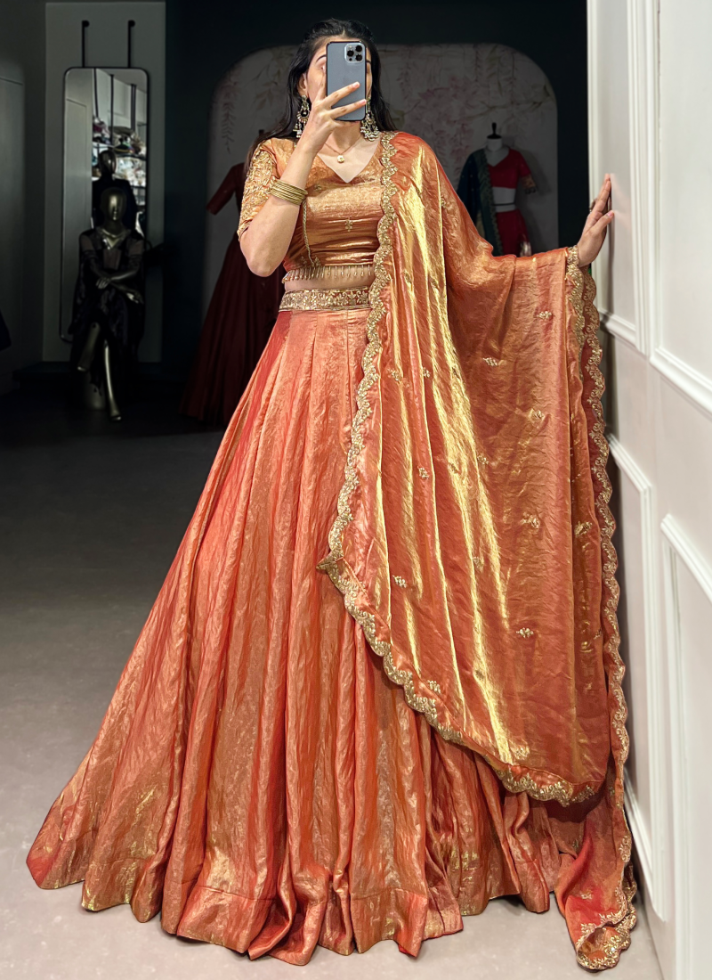 Party Wear Designer Sequence Embroidery Work Organza Orange Lehenga