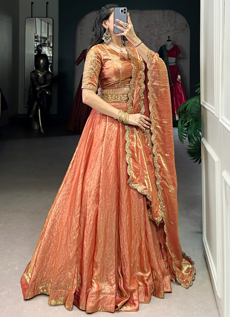 Party Wear Designer Sequence Embroidery Work Organza Orange Lehenga
