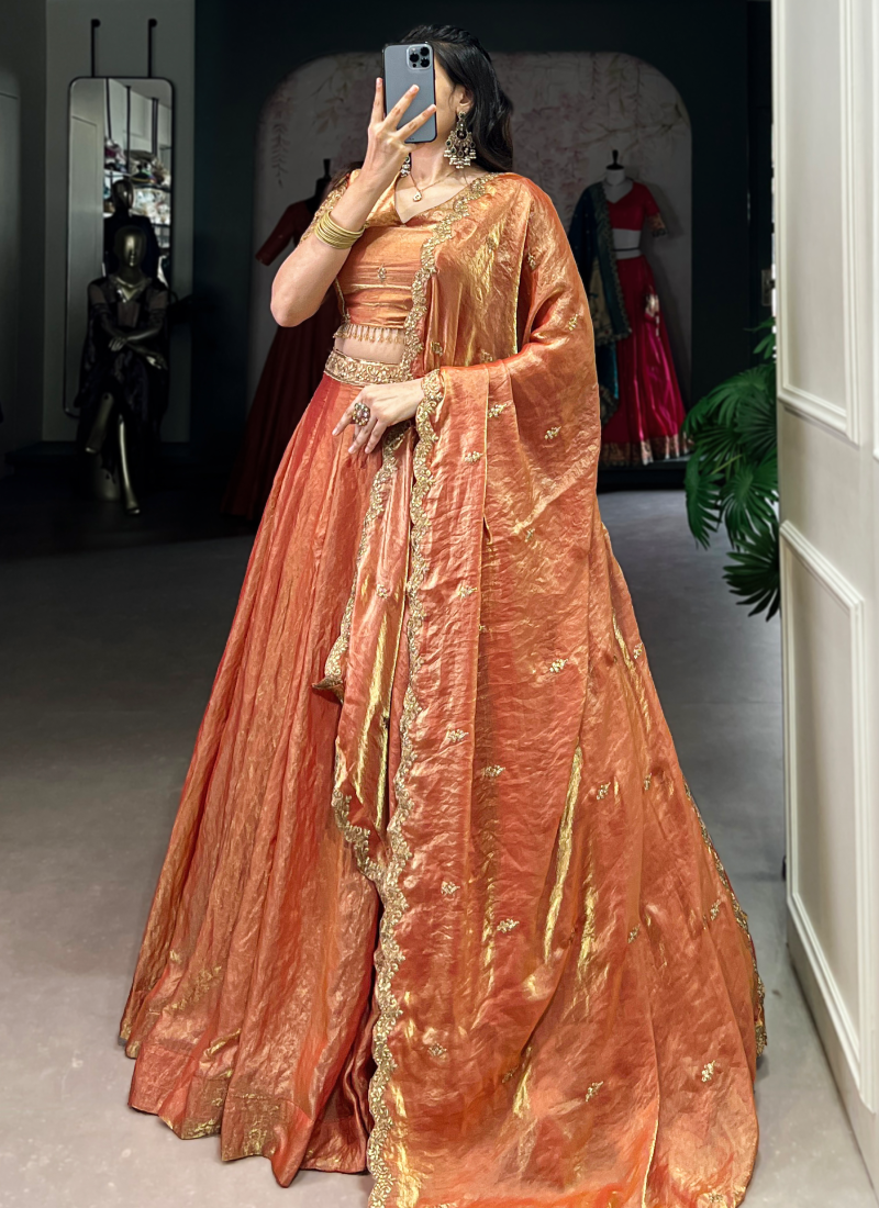 Party Wear Designer Sequence Embroidery Work Organza Orange Lehenga