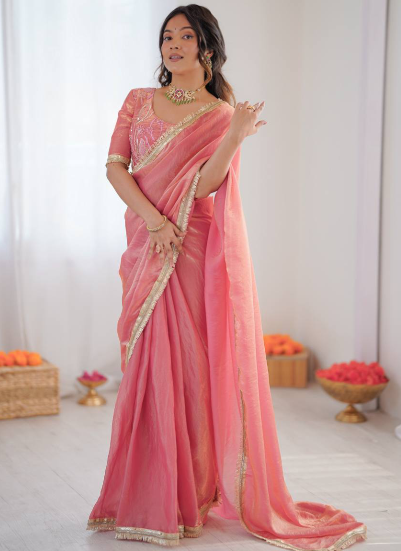 Party Wear Fendi Silk Light Pink Saree With Beads Embroidered Blouse