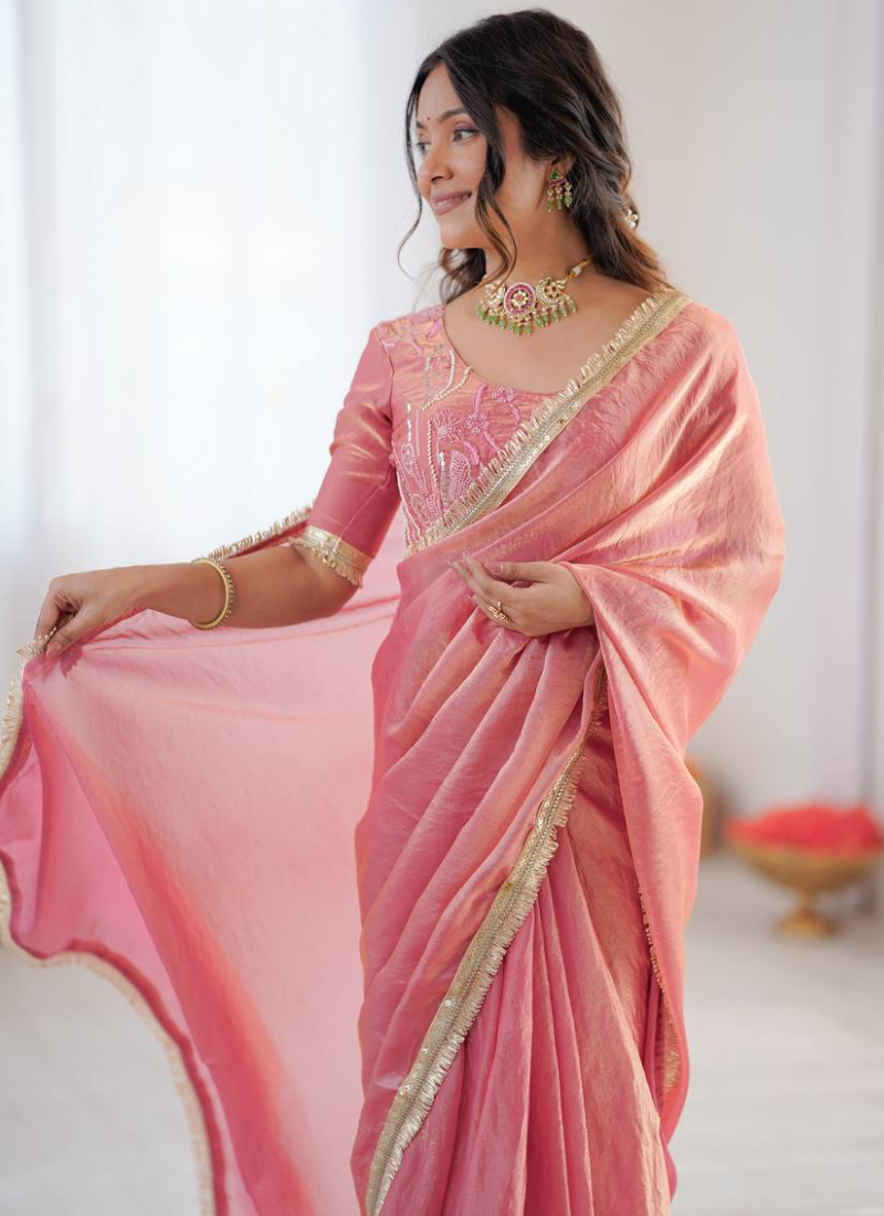 Party Wear Fendi Silk Light Pink Saree With Beads Embroidered Blouse