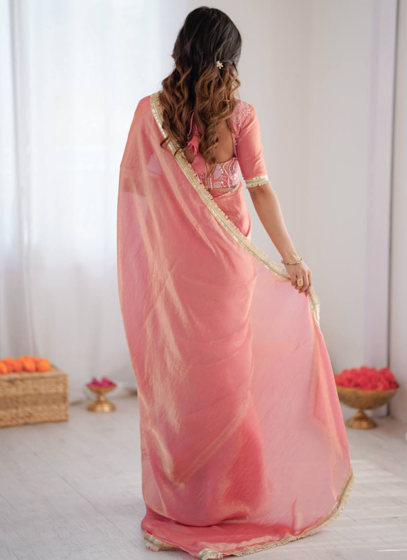 Party Wear Fendi Silk Light Pink Saree With Beads Embroidered Blouse