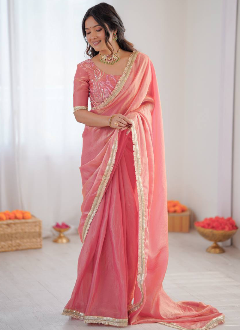 Party Wear Fendi Silk Light Pink Saree With Beads Embroidered Blouse