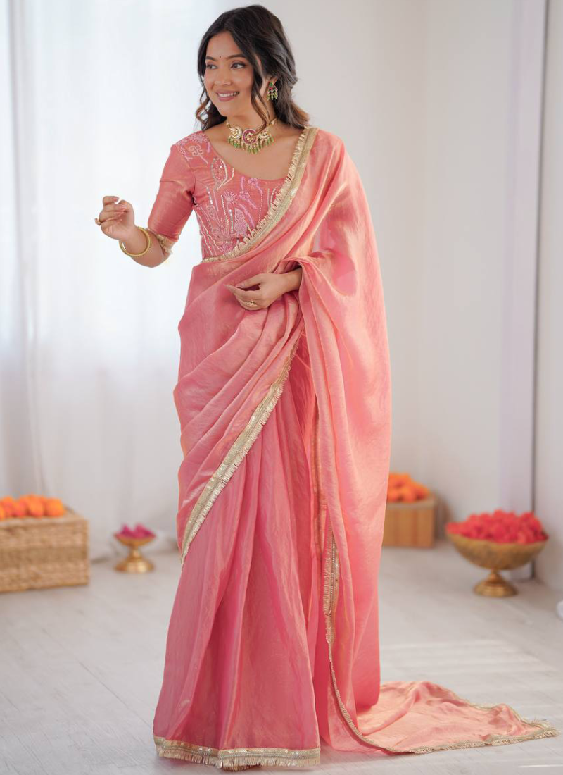 Party Wear Fendi Silk Light Pink Saree With Beads Embroidered Blouse