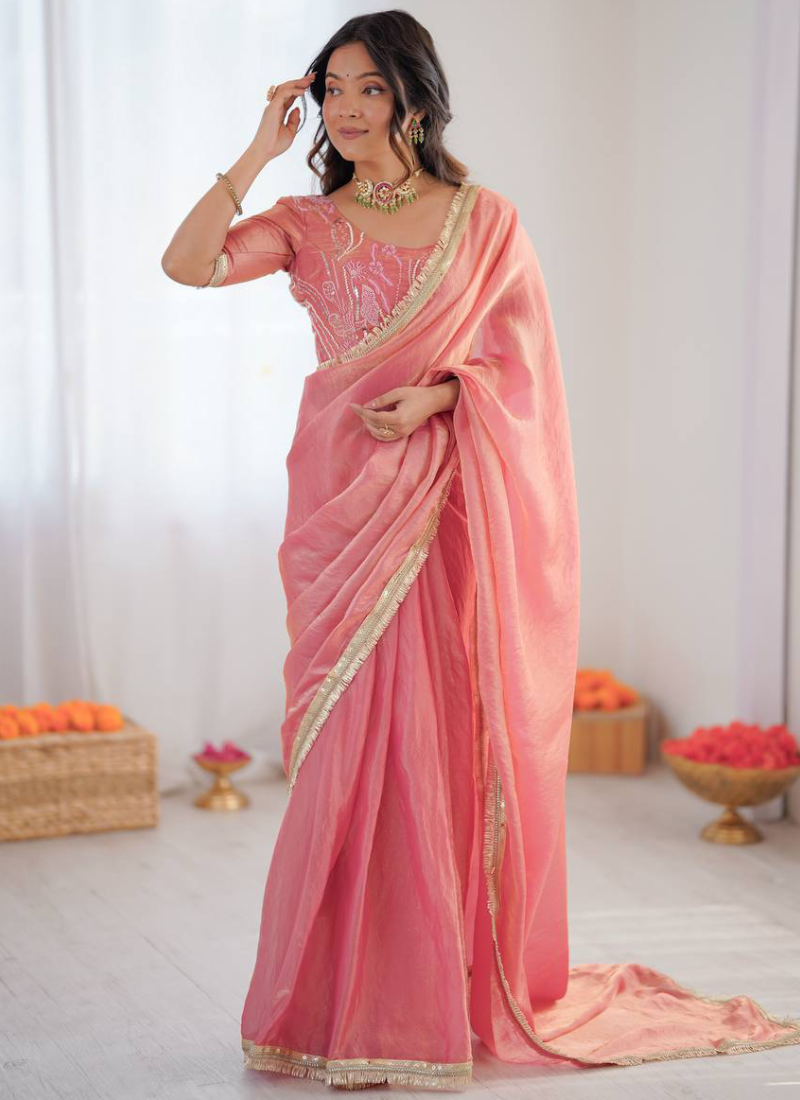 Party Wear Fendi Silk Light Pink Saree With Beads Embroidered Blouse