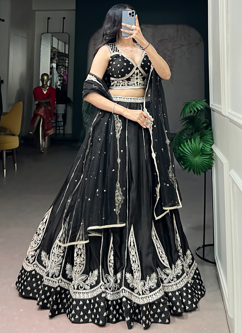 Party Wear Heavy Thread Embroidered Silk Black Lehenga Choli Set