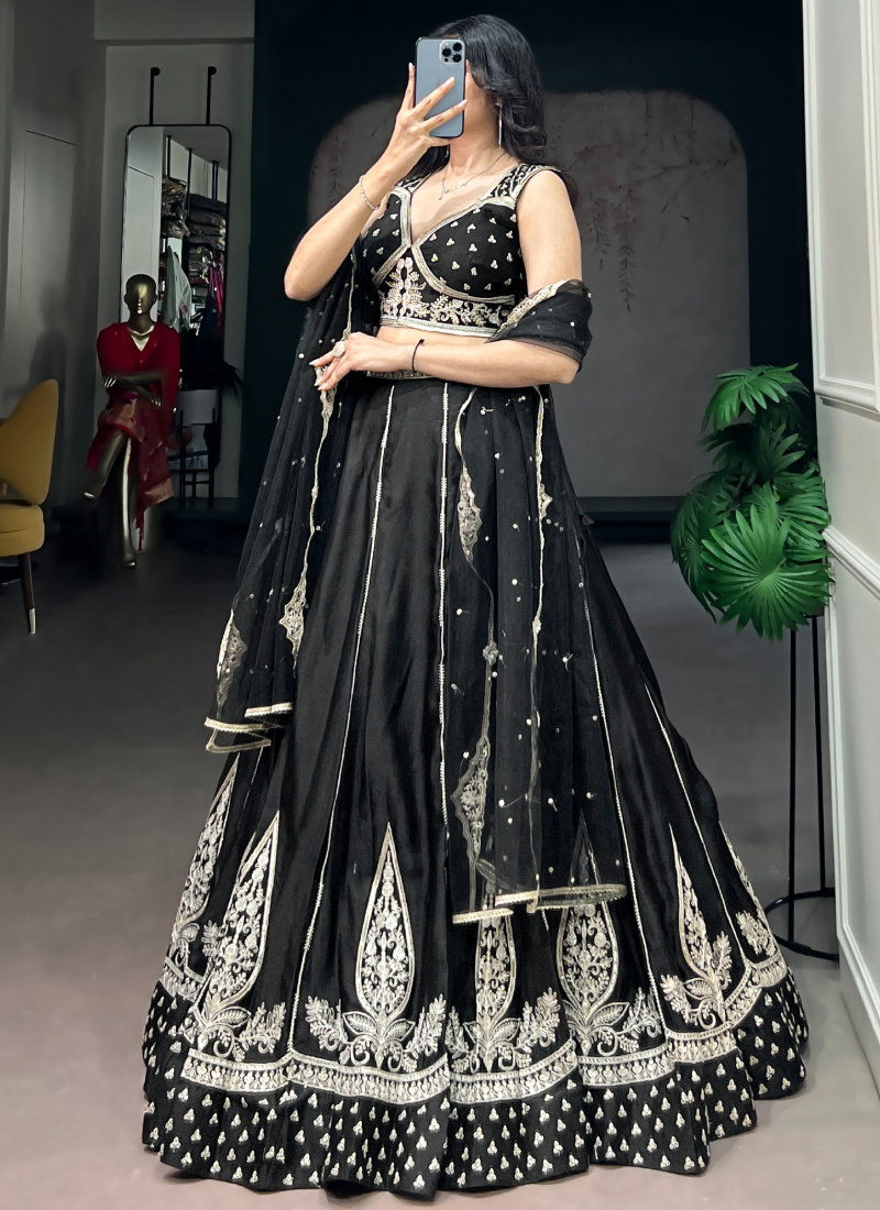 Party Wear Heavy Thread Embroidered Silk Black Lehenga Choli Set