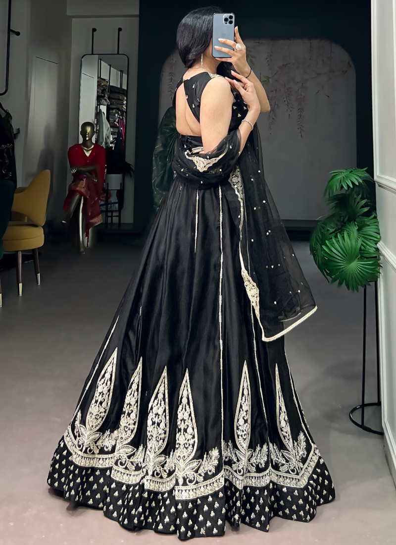 Party Wear Heavy Thread Embroidered Silk Black Lehenga Choli Set