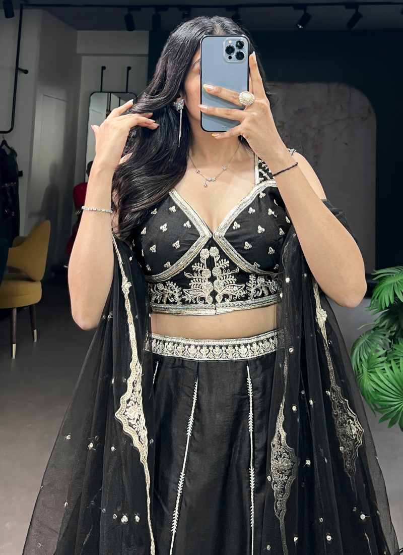 Party Wear Heavy Thread Embroidered Silk Black Lehenga Choli Set
