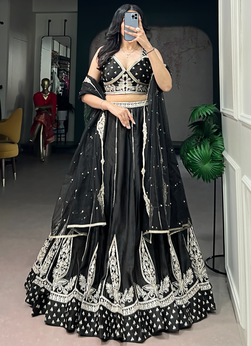 Party Wear Heavy Thread Embroidered Silk Black Lehenga Choli Set