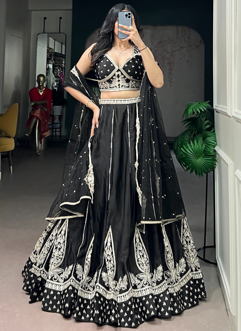 Party Wear Heavy Thread Embroidered Silk Black Lehenga Choli Set