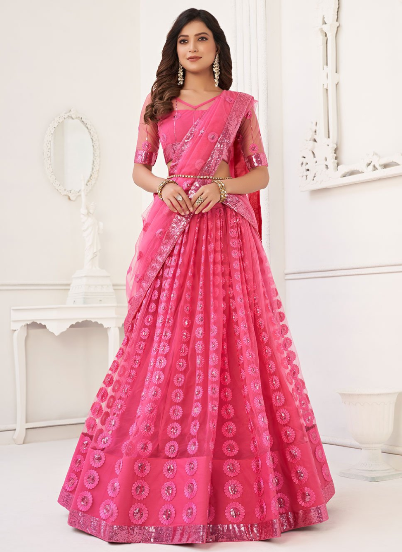 Pink Sequence Embroidery Work Soft Net Lehenga Choli For Women