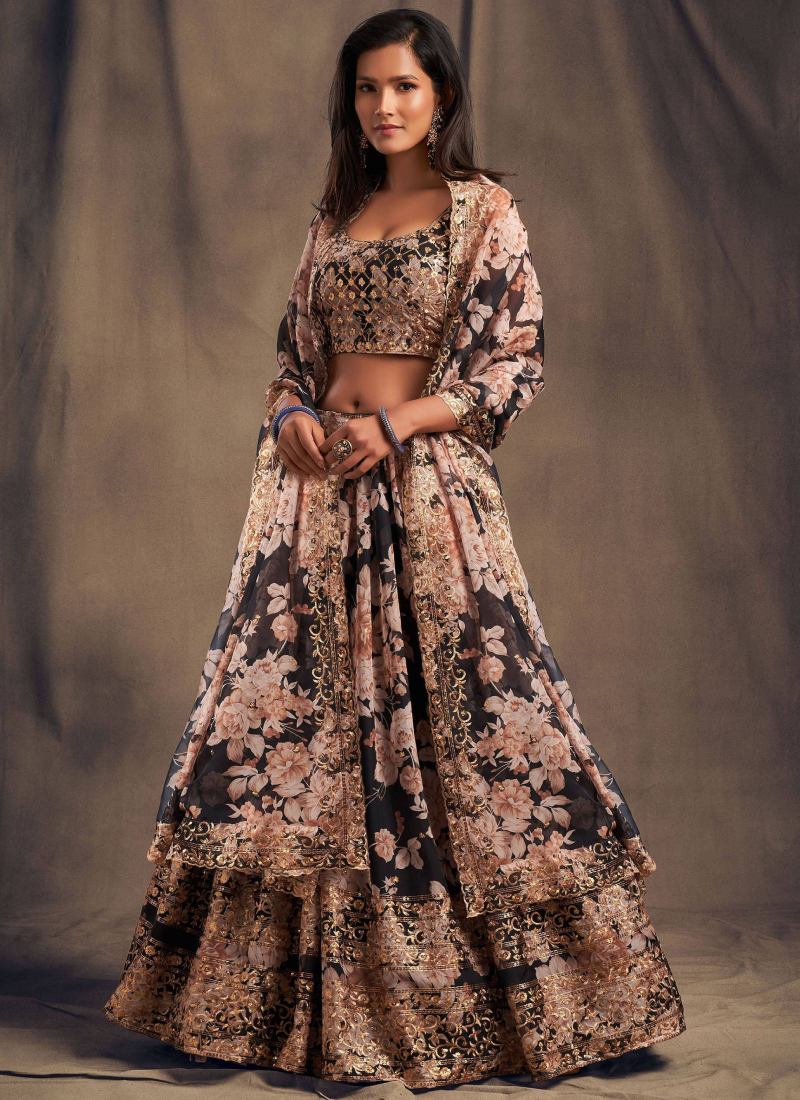 Party Wear Sequence Work Organza Floral Printed Lehenga Choli