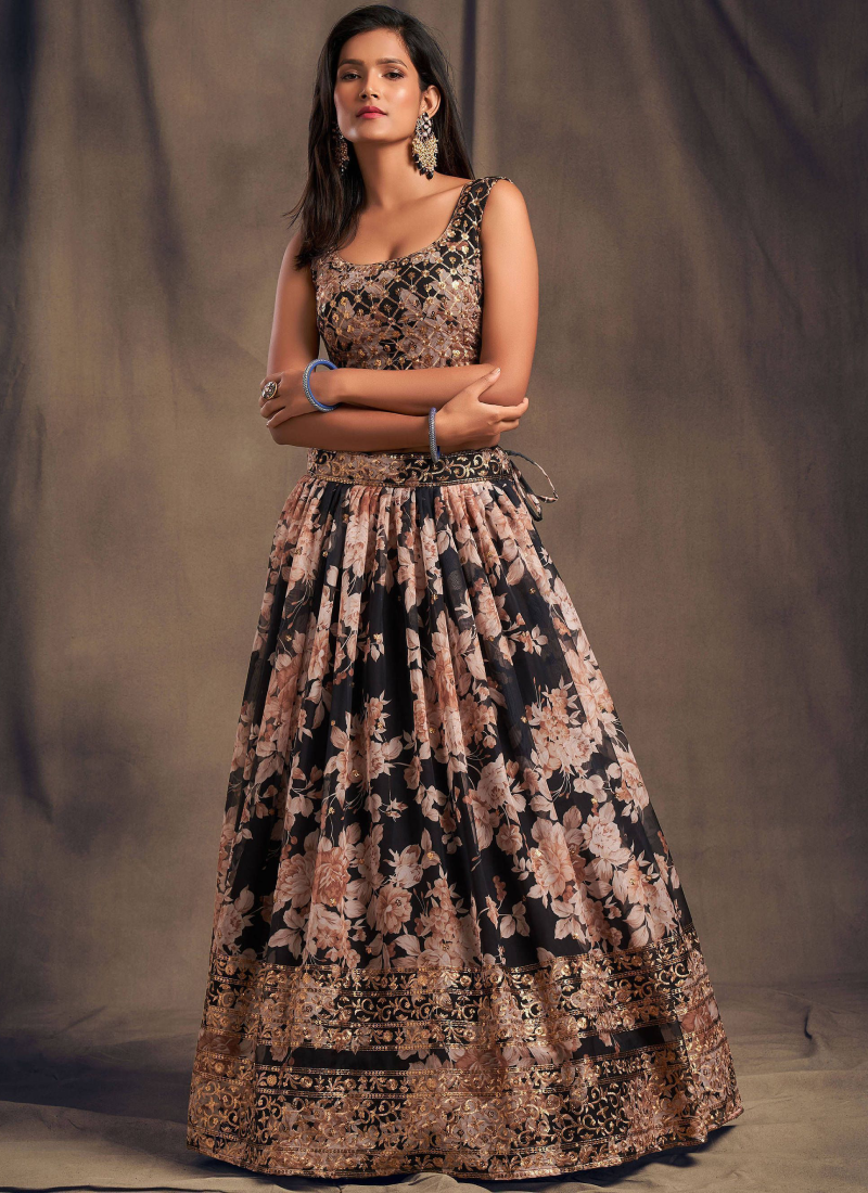  Party Wear Sequence Work Organza Floral Printed Lehenga Choli