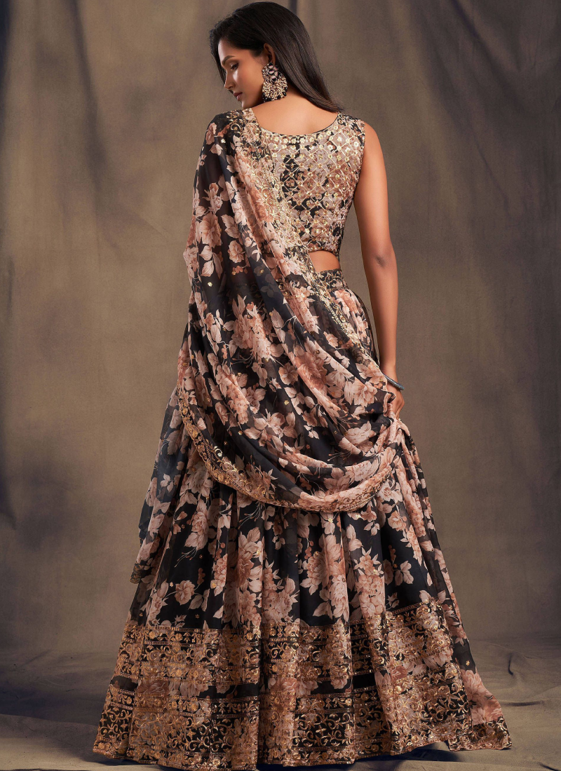  Party Wear Sequence Work Organza Floral Printed Lehenga Choli