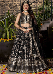 Party Wear Zari Weaving Embroidered Jacquard Silk Black Lehenga Choli