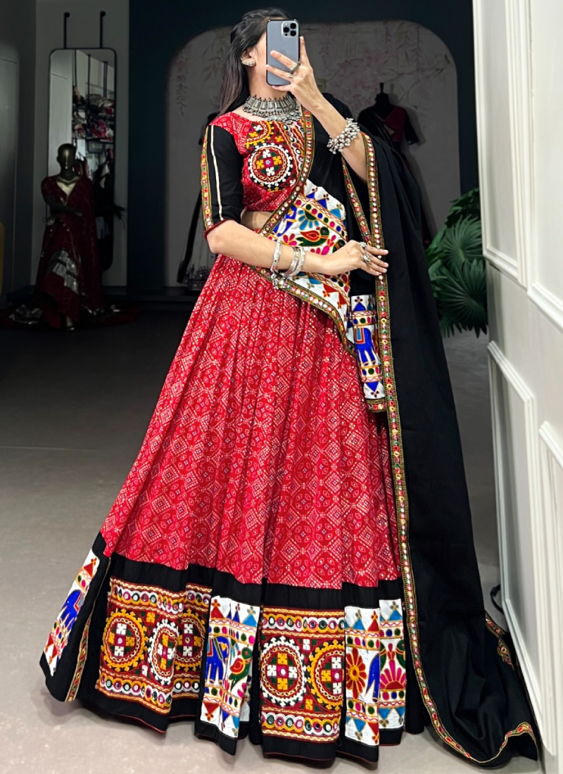 Patola Printed Gamthi Work Navratri Special Cotton Red Ghagra Choli