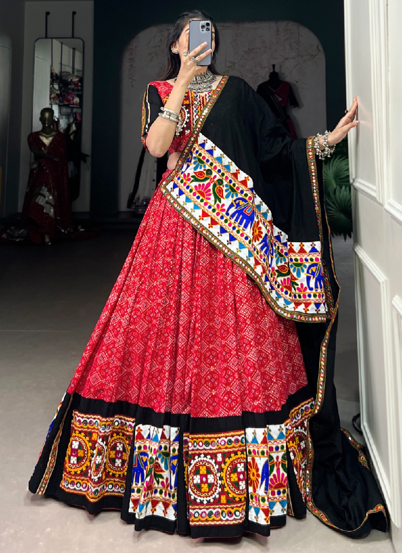 Patola Printed Gamthi Work Navratri Special Cotton Red Ghagra Choli