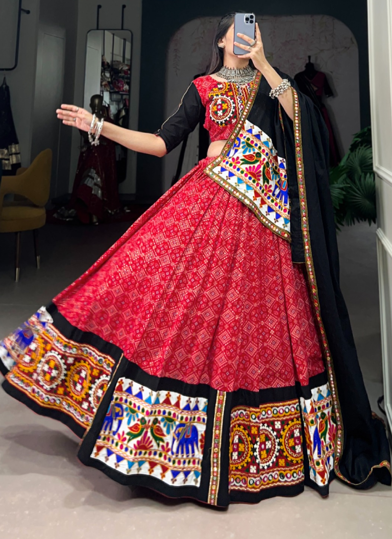 Patola Printed Gamthi Work Navratri Special Cotton Red Ghagra Choli