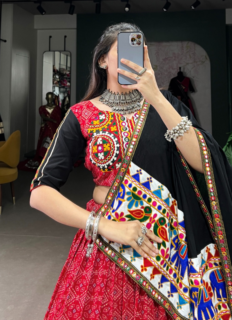 Patola Printed Gamthi Work Navratri Special Cotton Red Ghagra Choli