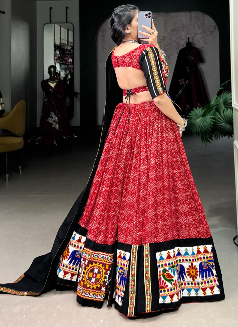 Patola Printed Gamthi Work Navratri Special Cotton Red Ghagra Choli