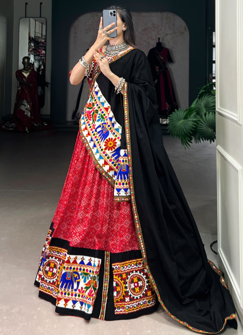 Patola Printed Gamthi Work Navratri Special Cotton Red Ghagra Choli