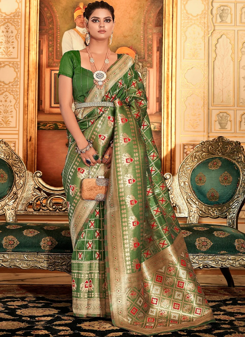 Patola Printed Zari Weaving Work Mahendi Green Saree