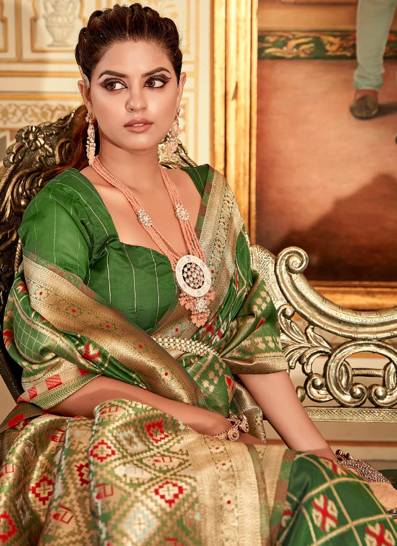 Patola Printed Zari Weaving Work Mahendi Green Saree