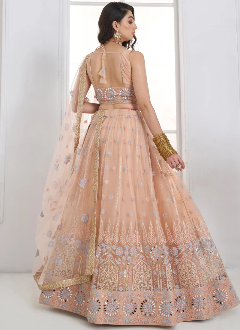 Peach Heavy Net Lehenga With Thread Sequence Embroidery For Reception 