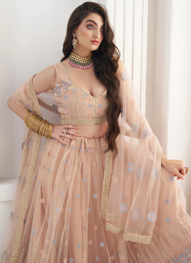 Peach Heavy Net Lehenga With Thread Sequence Embroidery For Reception 