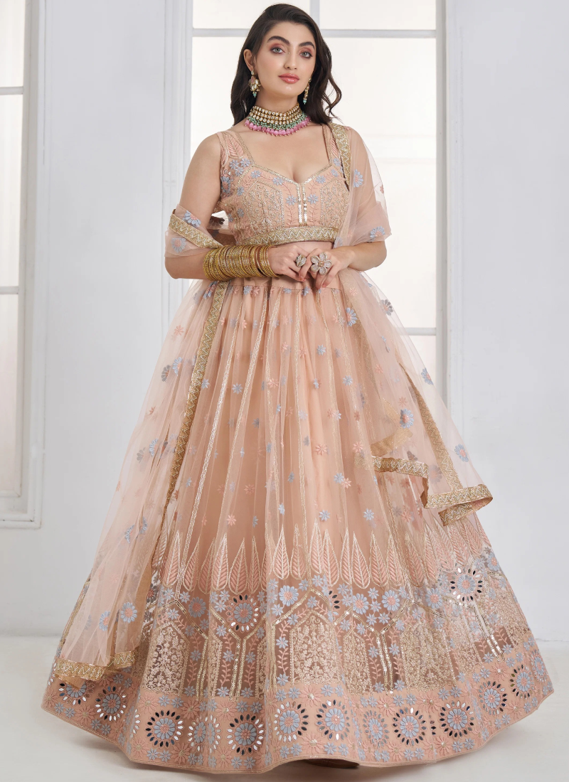 Peach Heavy Net Lehenga With Thread Sequence Embroidery For Reception 