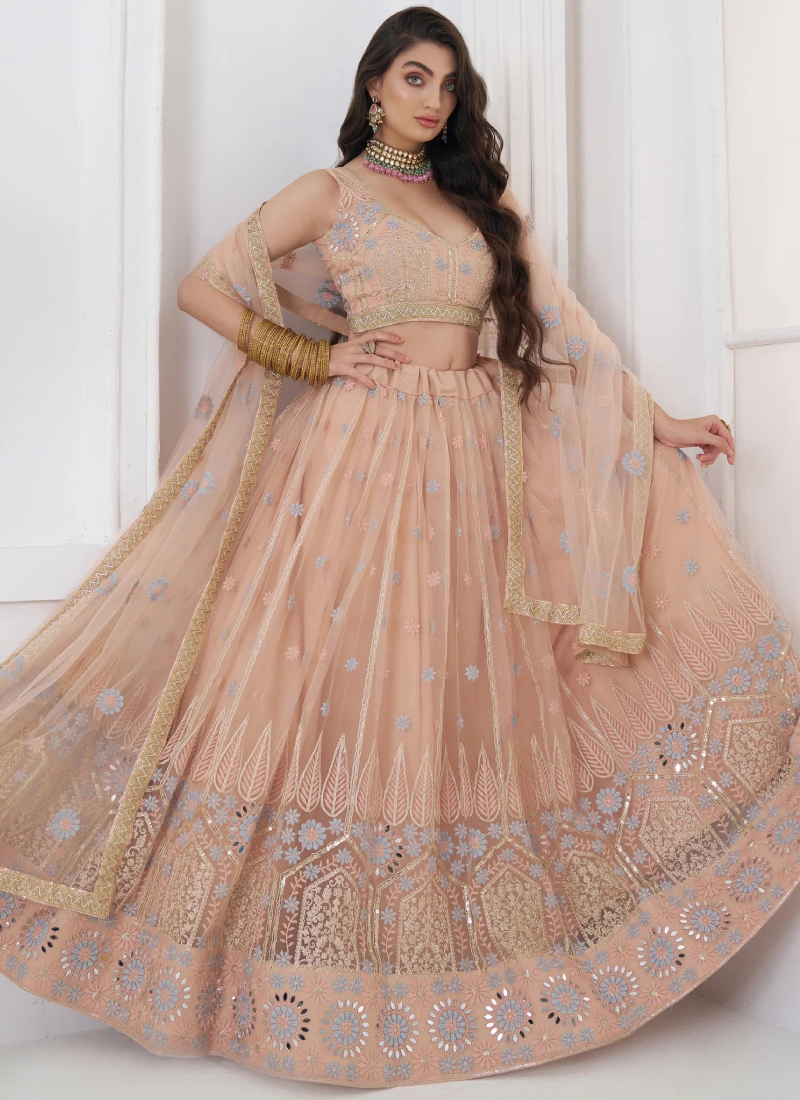 Peach Heavy Net Lehenga With Thread Sequence Embroidery For Reception 