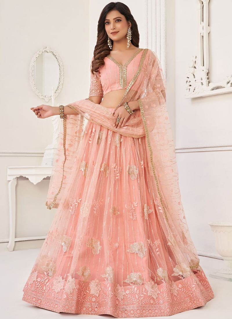 Glamorous Peach Embroidered Net Lehenga Choli For Wedding
