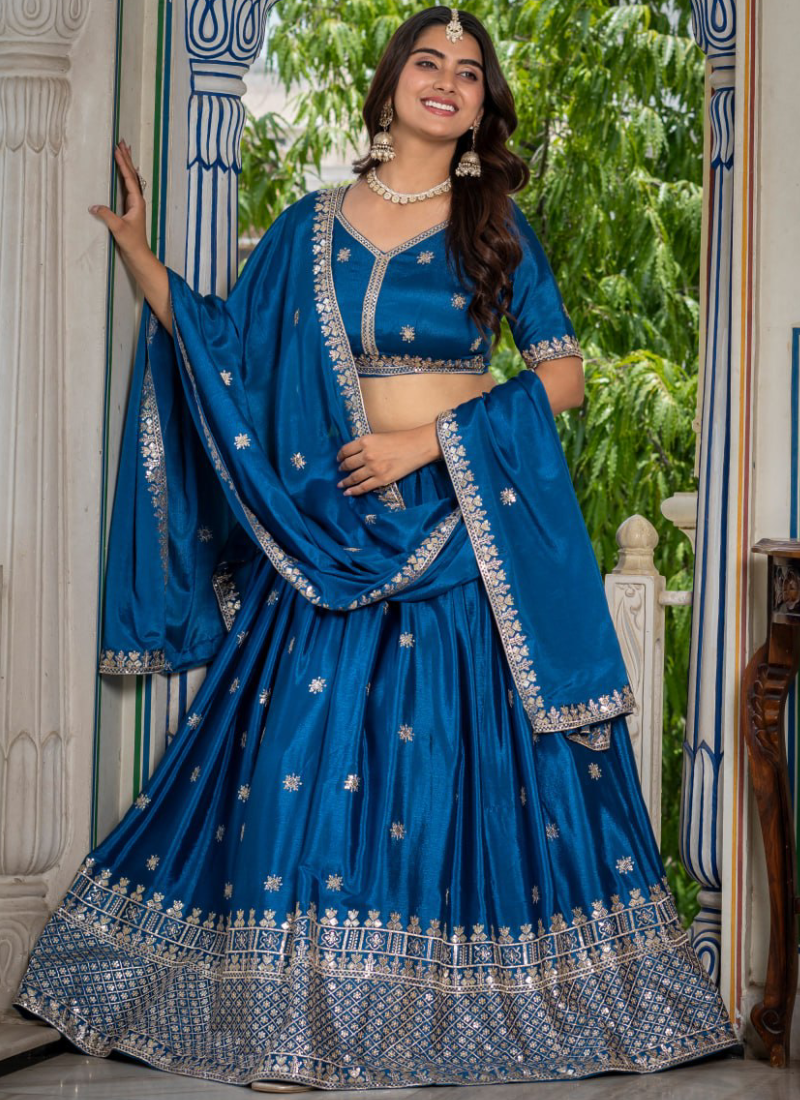 Peacock Blue Sequence Embroidery Chinon Silk Lehenga Choli For Wedding