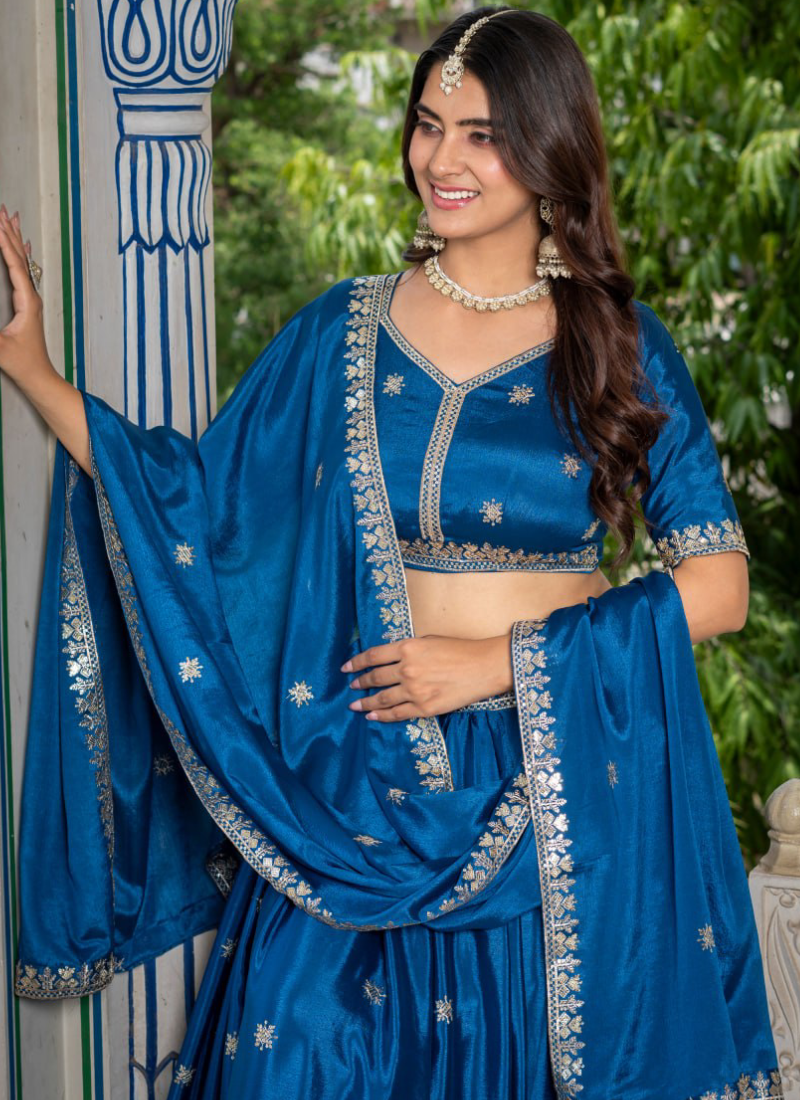 Peacock Blue Sequence Embroidery Chinon Silk Lehenga Choli For Wedding